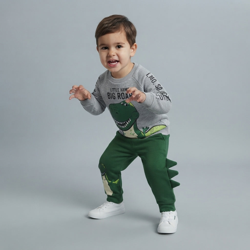 Niño pequeño vistiendo conjunto EmpiBy de sudadera gris con estampado de dinosaurio y pantalón verde con púas