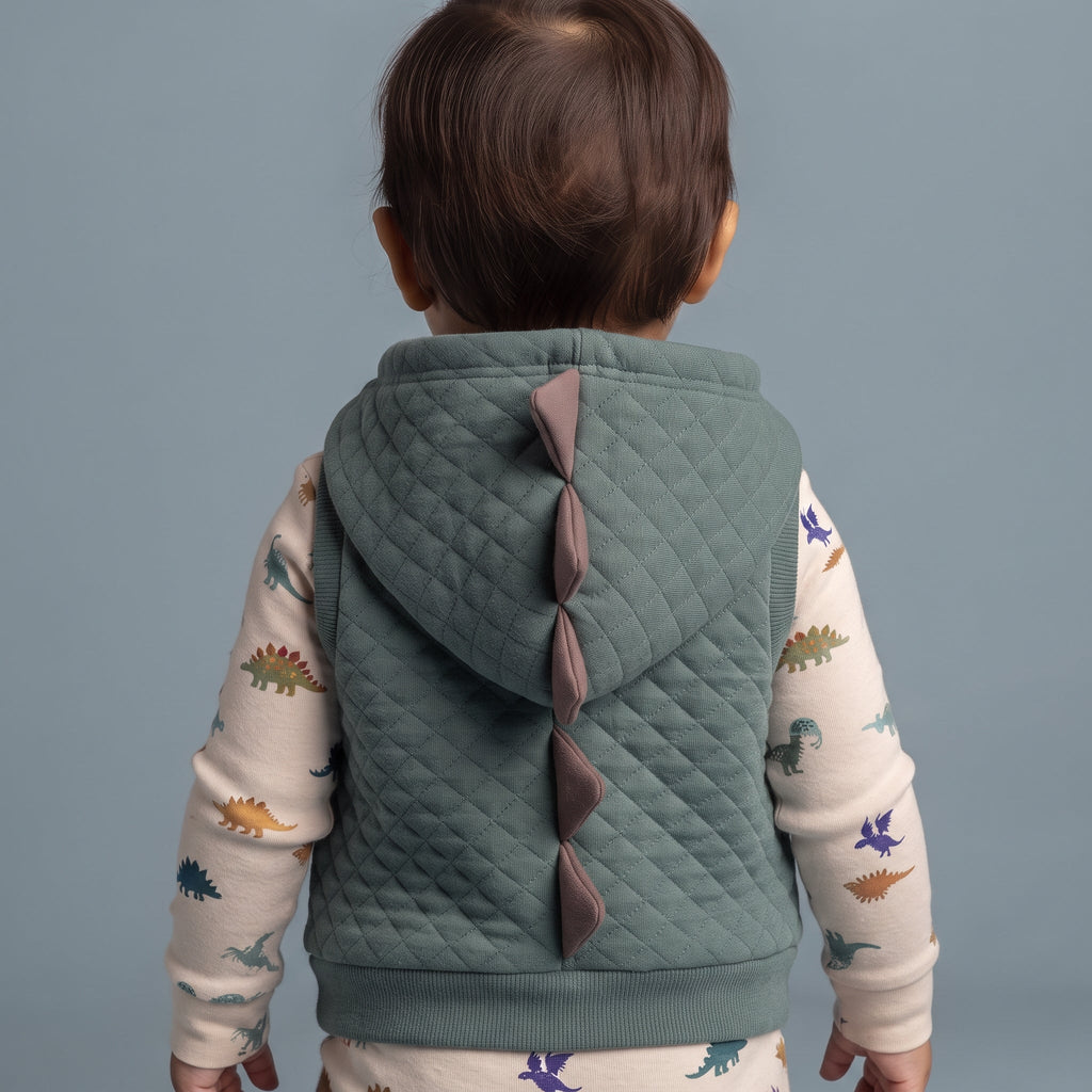 Bebé de espaldas vistiendo conjunto EmpiBy con chaleco acolchado verde, capucha con placas de dinosaurio y body