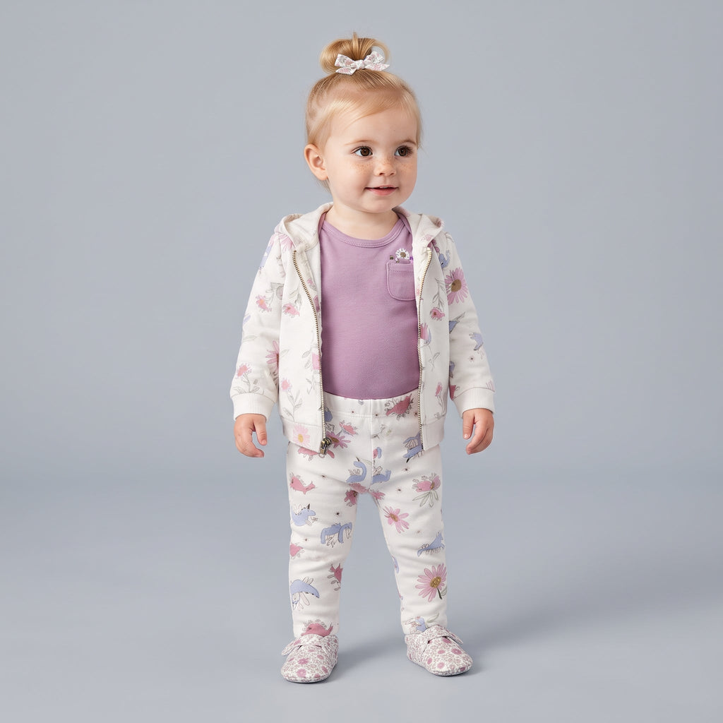 Niña pequeña vistiendo conjunto EmpiBy de 3 piezas con chaqueta y pantalón estampado floral y body malva