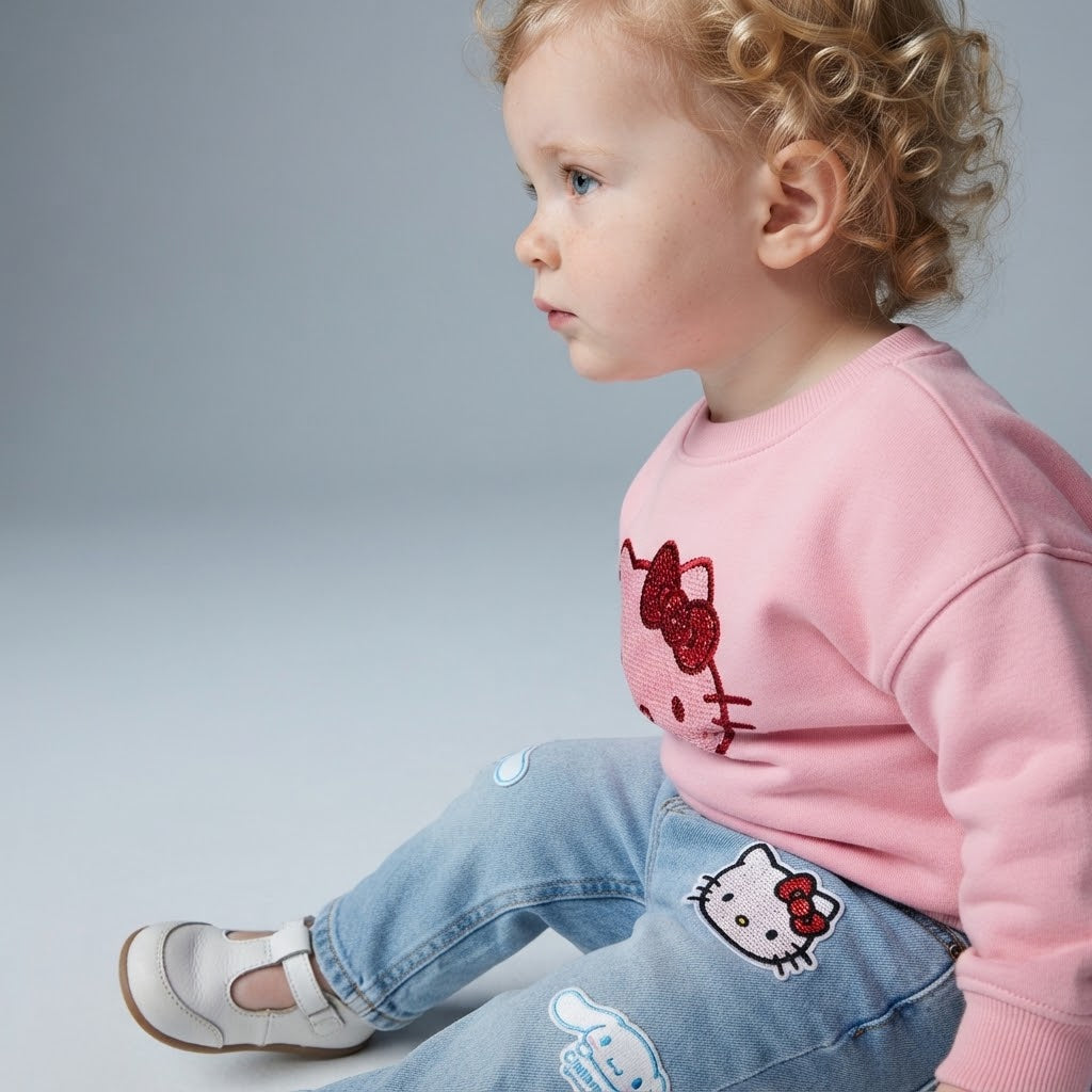 Niña pequeña con conjunto EmpiBy de sudadera rosa Hello Kitty con lentejuelas y jeans con parches bordados