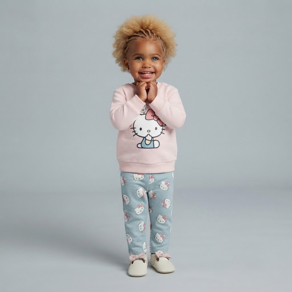 Niña pequeña sonriendo con conjunto EmpiBy de suéter rosa Hello Kitty y pantalón gris estampado, estilo casual.
