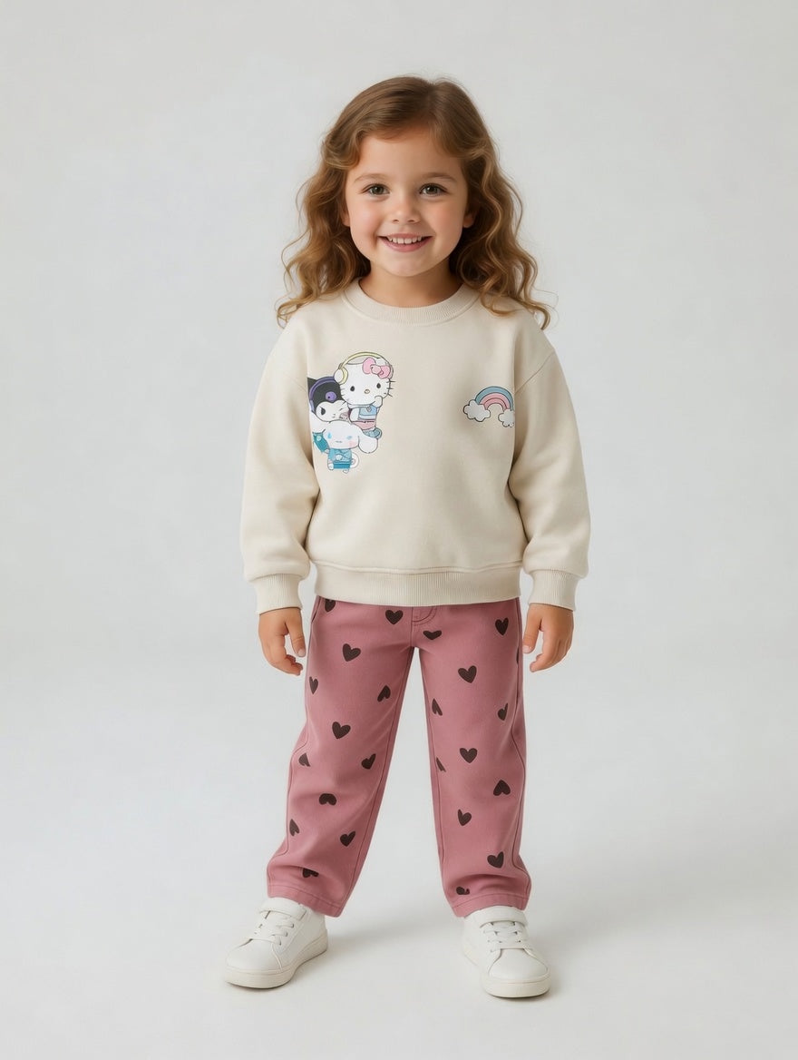 Conjunto EmpiBy de sudadera crema con estampado de Hello Kitty y pantalón rosa viejo con corazones para niña