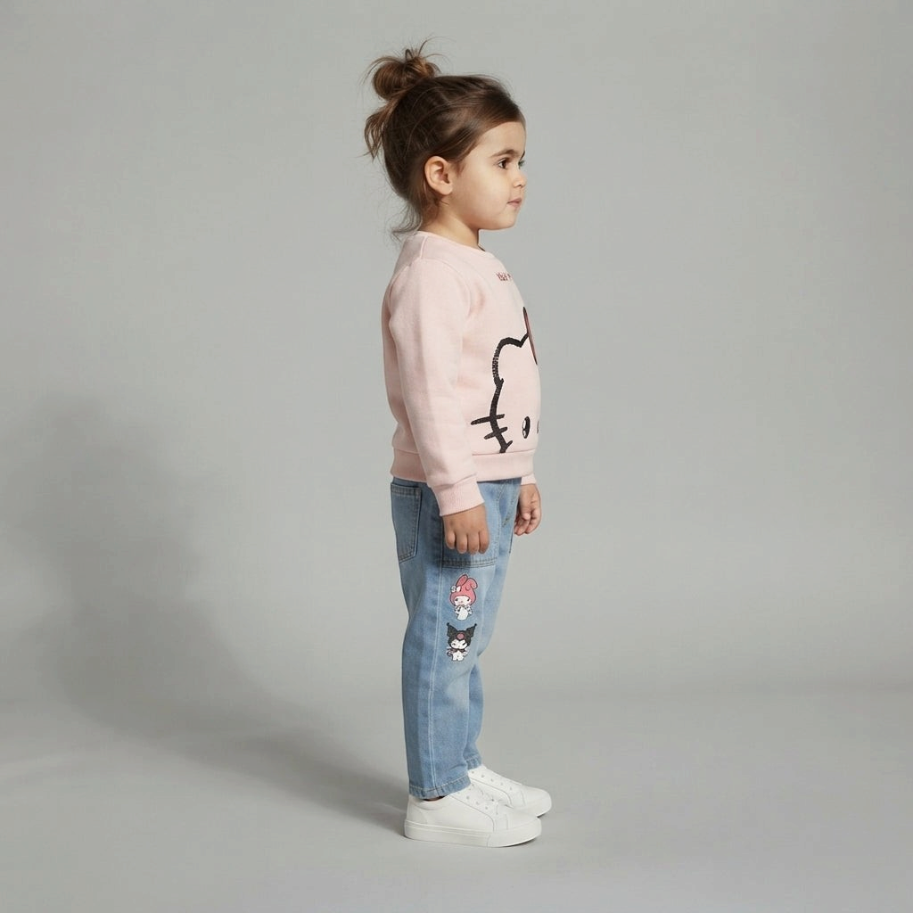 Niña de perfil vistiendo conjunto EmpiBy de sudadera rosa Hello Kitty y jeans con bordados de My Melody y Kuromi