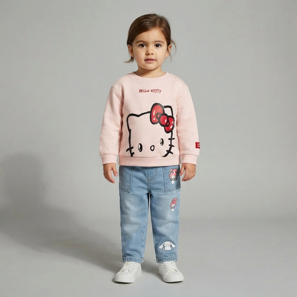 Niña vistiendo conjunto EmpiBy de sudadera rosa Hello Kitty y jeans de mezclilla con bordados de personajes Sanrio