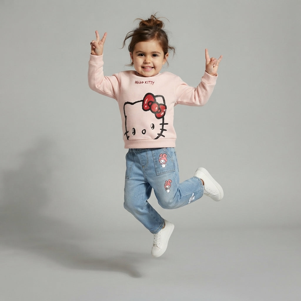 Niña saltando con conjunto EmpiBy de sudadera rosa Hello Kitty y jeans con bordados de personajes Sanrio