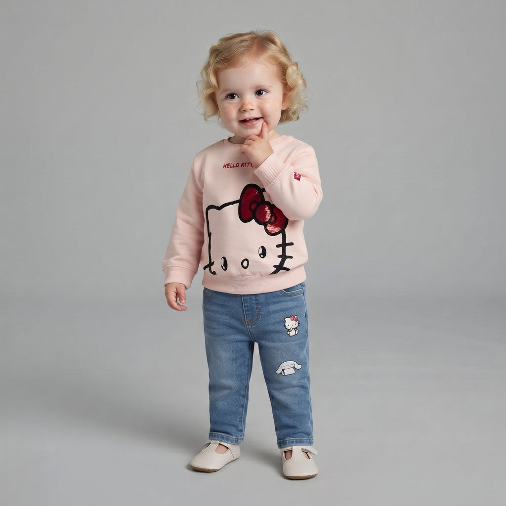 Niña pequeña vistiendo conjunto EmpiBy de sudadera rosa Hello Kitty con lentejuelas y jeans azules con parches