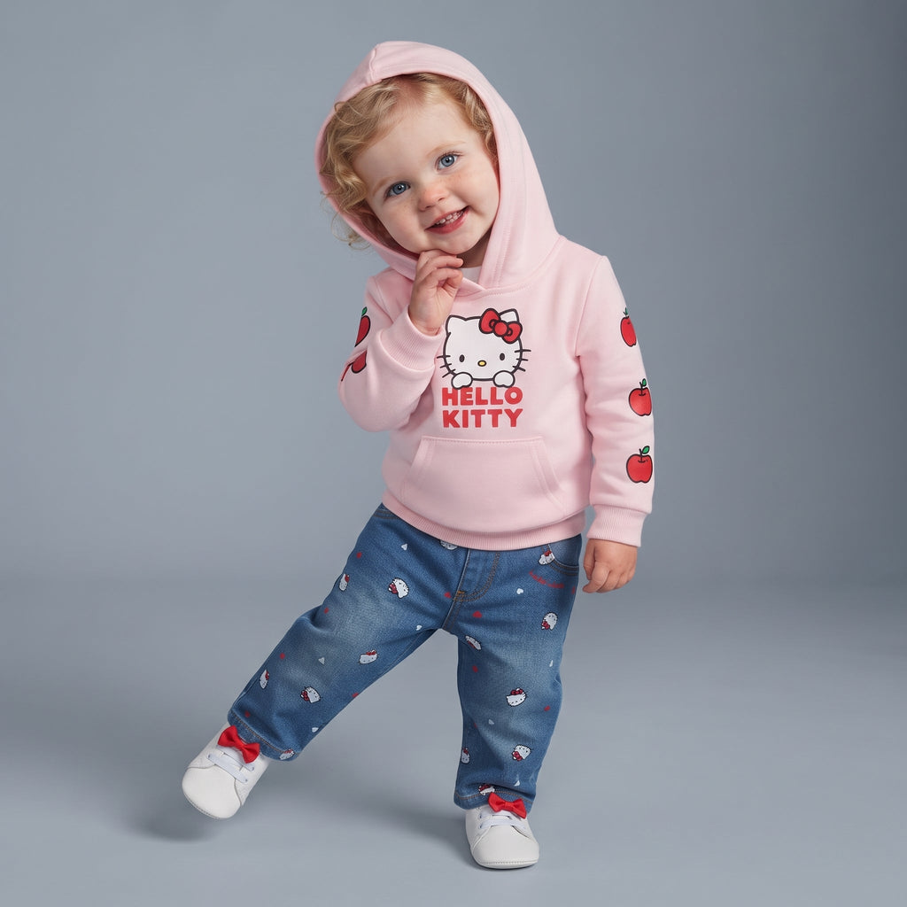Niña pequeña con conjunto EmpiBy de sudadera rosa con capucha de Hello Kitty y jeans de mezclilla estampados