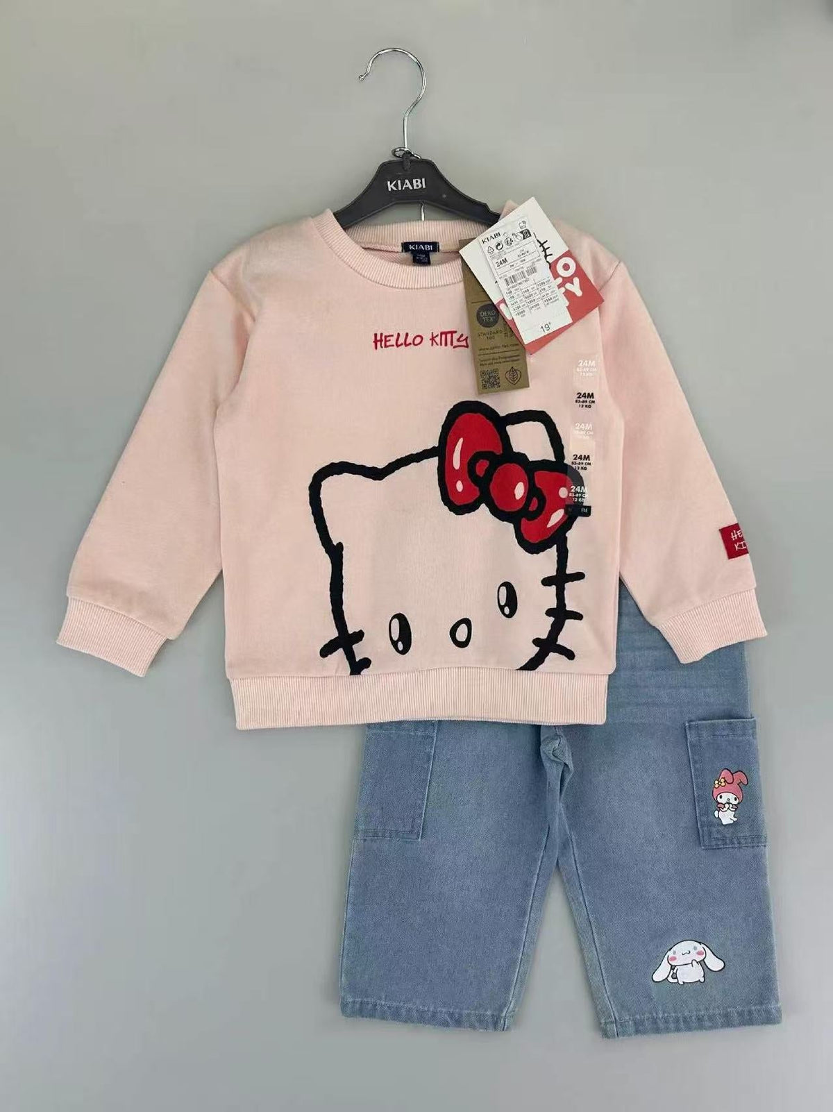 Conjunto EmpiBy para niña con sudadera rosa de Hello Kitty y jeans de mezclilla con bordados de personajes Sanrio