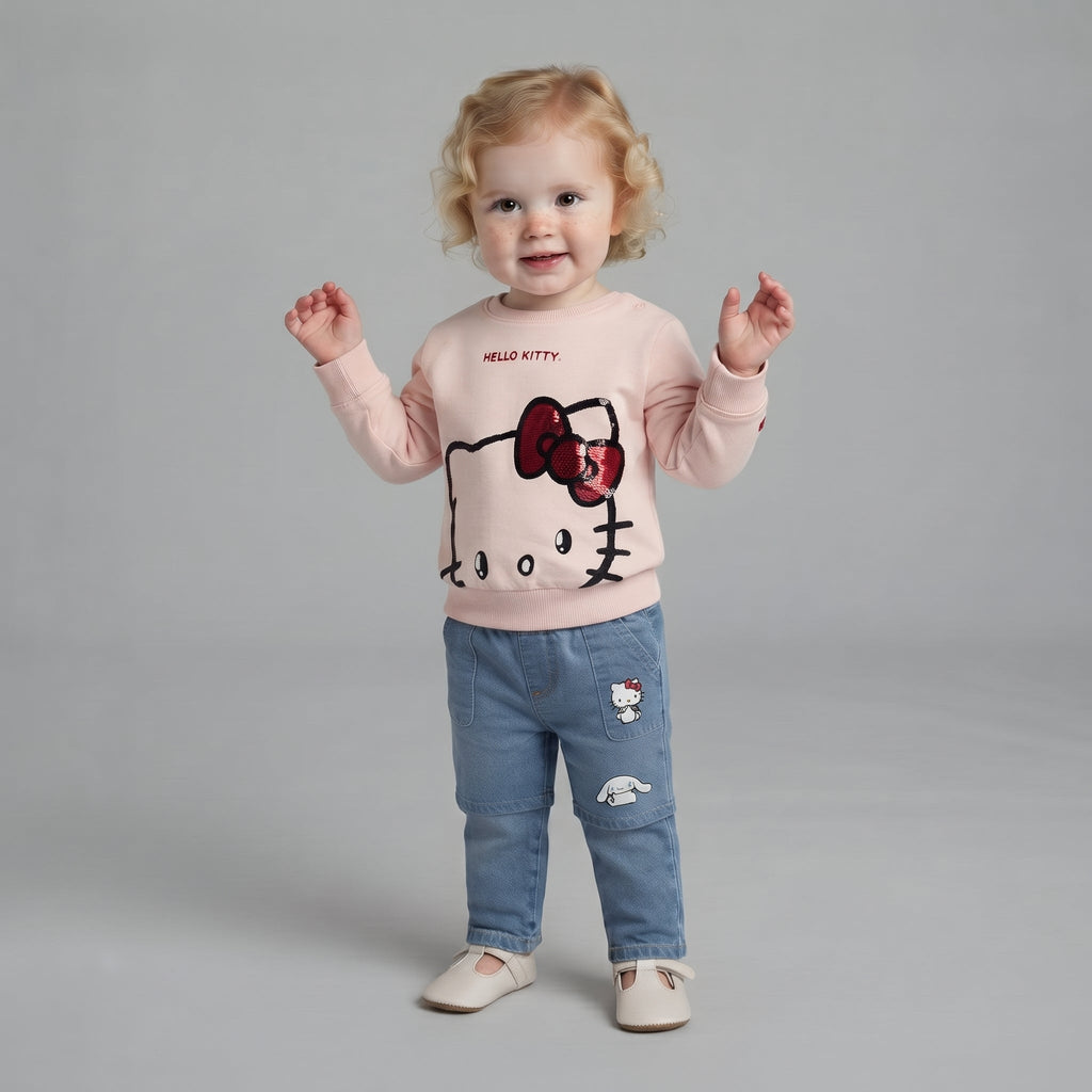 Niña pequeña con conjunto EmpiBy de sudadera rosa Hello Kitty con lentejuelas y jeans azules con parches bordados
