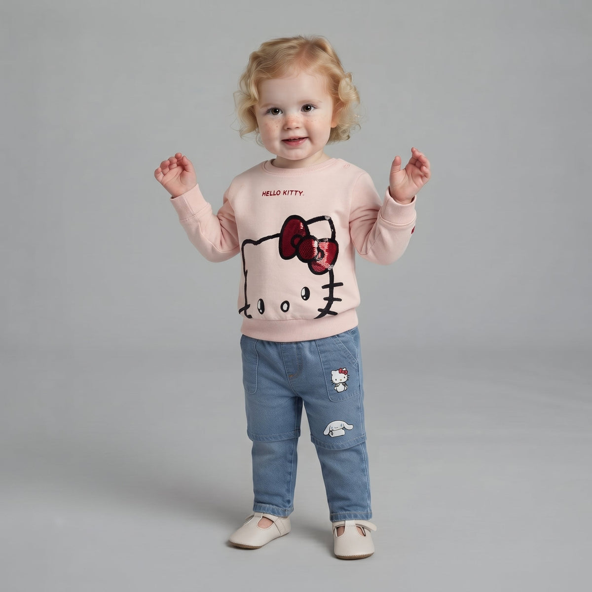 Niña pequeña con conjunto EmpiBy de sudadera rosa Hello Kitty con lentejuelas y jeans azules con parches bordados
