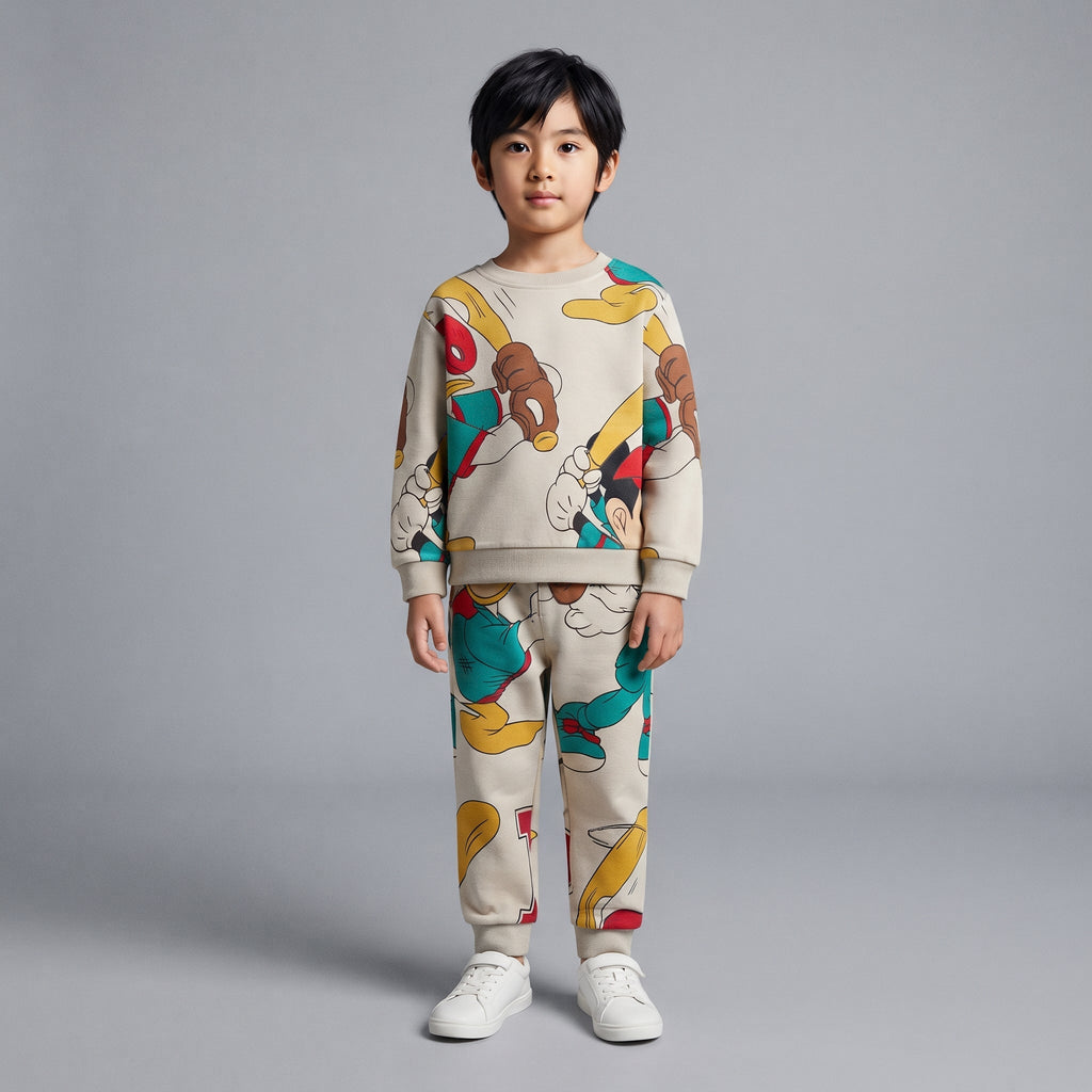 Conjunto EmpiBy de dos piezas beige con estampado de Mickey y Donald en estilo baseball para niño