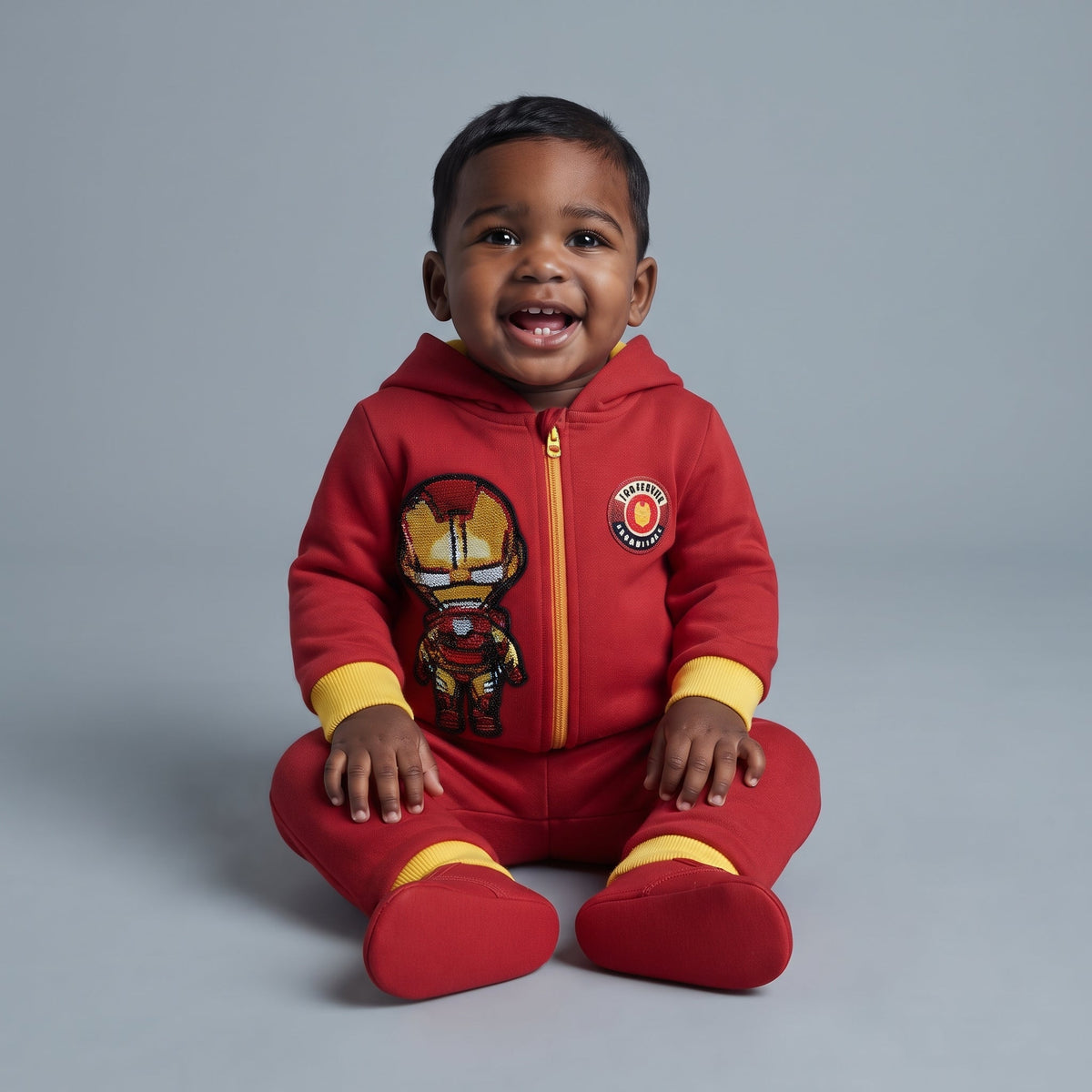 Bebé sonriente con conjunto EmpiBy de Iron Man en rojo y amarillo, sudadera con capucha y pantalón jogger suave