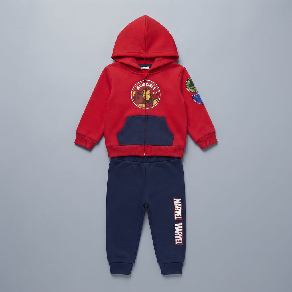 Conjunto EmpiBy de dos piezas para bebé con sudadera roja de Iron Man y pantalón jogger azul marino de Marvel
