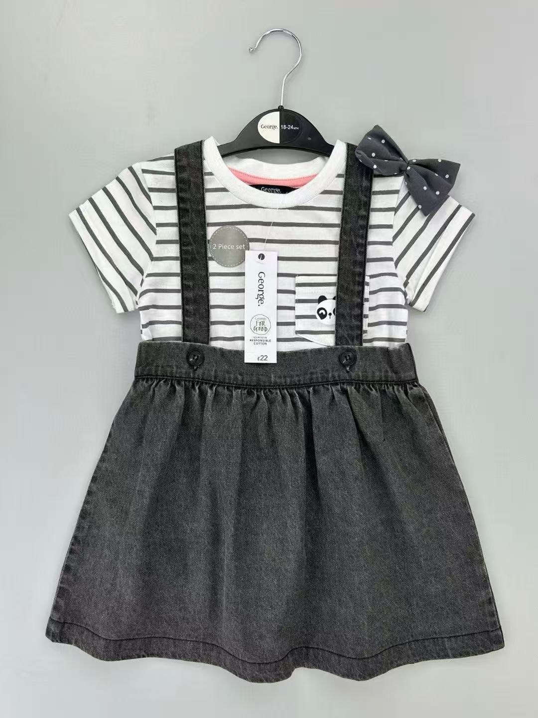 Conjunto EmpiBy para bebé niña con vestido jardinera gris oscuro, camiseta de rayas con bolsillo de panda y lazo
