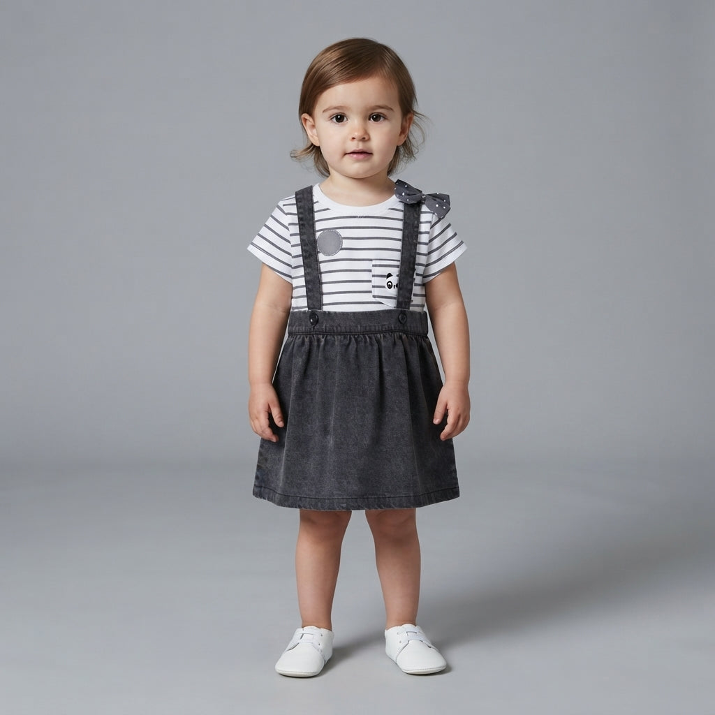 Niña pequeña con conjunto EmpiBy de vestido jardinera gris oscuro, camiseta de rayas con bolsillo y lazo decorativo.