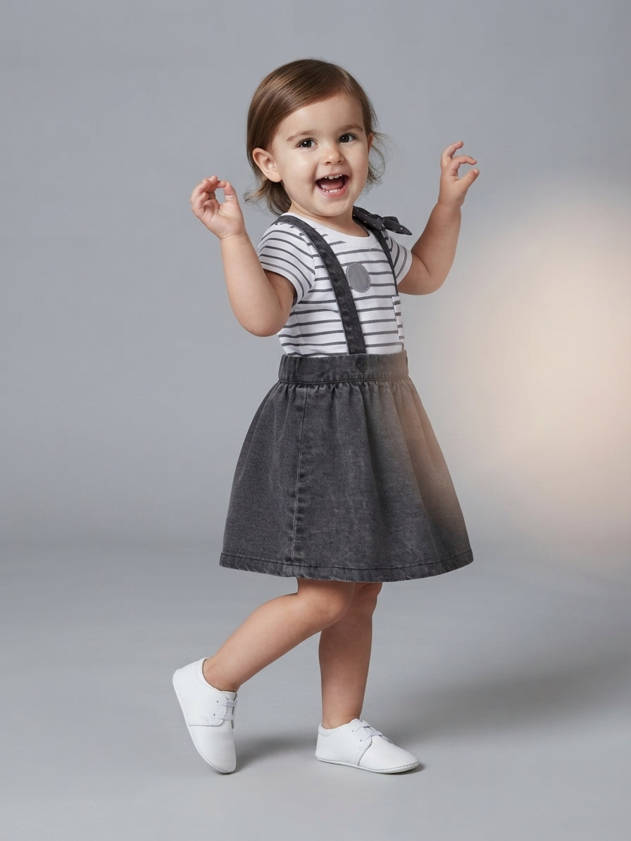 Niña pequeña sonriente vistiendo conjunto EmpiBy de vestido jardinera gris oscuro y camiseta de rayas con lazo