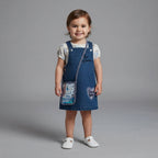 Niña sonriente vistiendo conjunto EmpiBy de vestido jardinera de mezclilla Frozen con camiseta y bolso de lentejuelas
