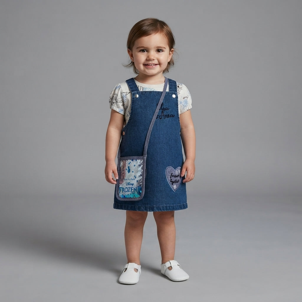 Niña sonriente vistiendo conjunto EmpiBy de vestido jardinera de mezclilla Frozen con camiseta y bolso de lentejuelas