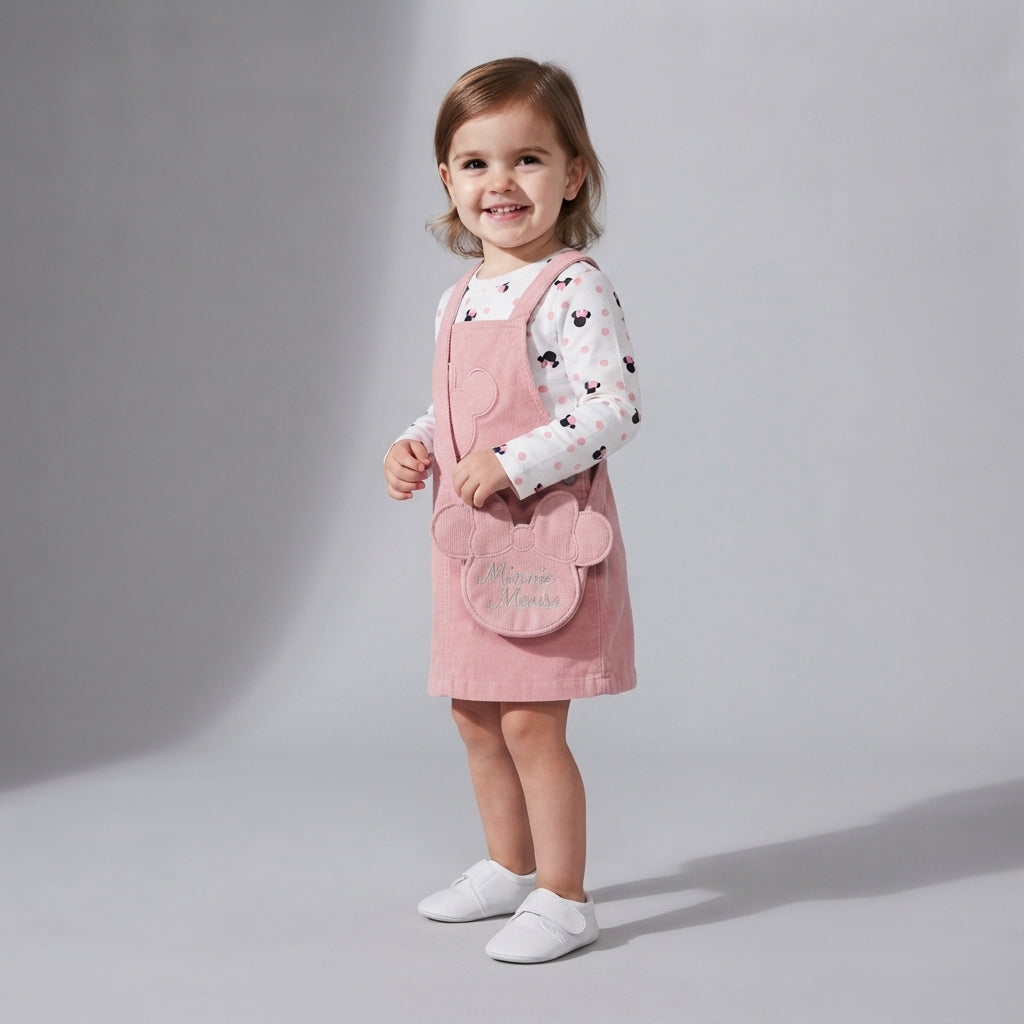 Niña pequeña vistiendo conjunto EmpiBy de vestido jardinera rosa de pana con bolsillo de Minnie Mouse y camiseta