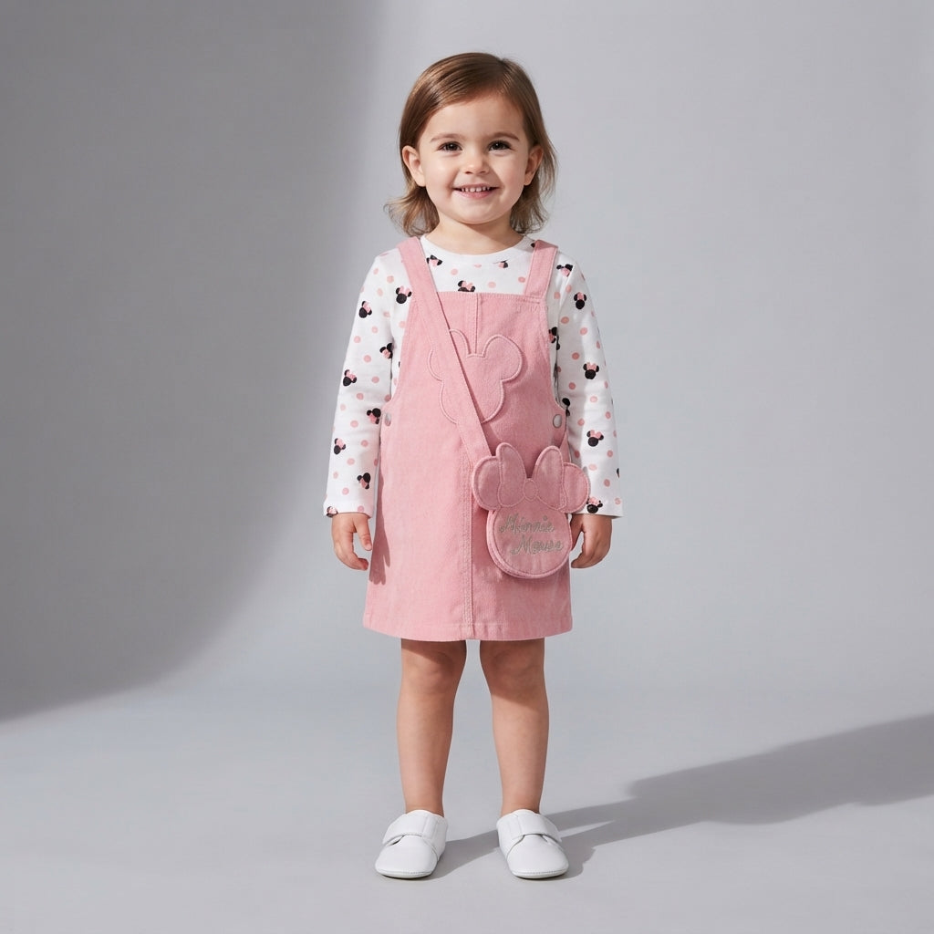 Niña pequeña vistiendo conjunto EmpiBy George Disney de vestido jardinera rosa de pana y camiseta de Minnie Mouse