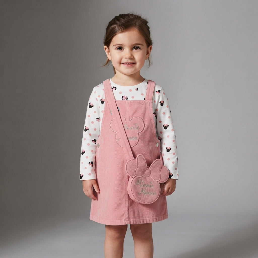 Niña pequeña con conjunto EmpiBy de vestido jardinera rosa de pana y camiseta de Minnie Mouse con lunares
