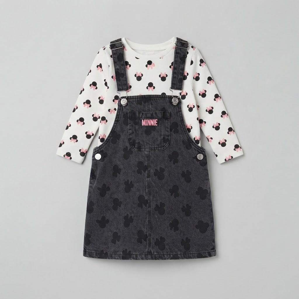 Conjunto EmpiBy de 2 piezas para bebé niña con vestido peto de mezclilla oscura Minnie y camiseta blanca estampada