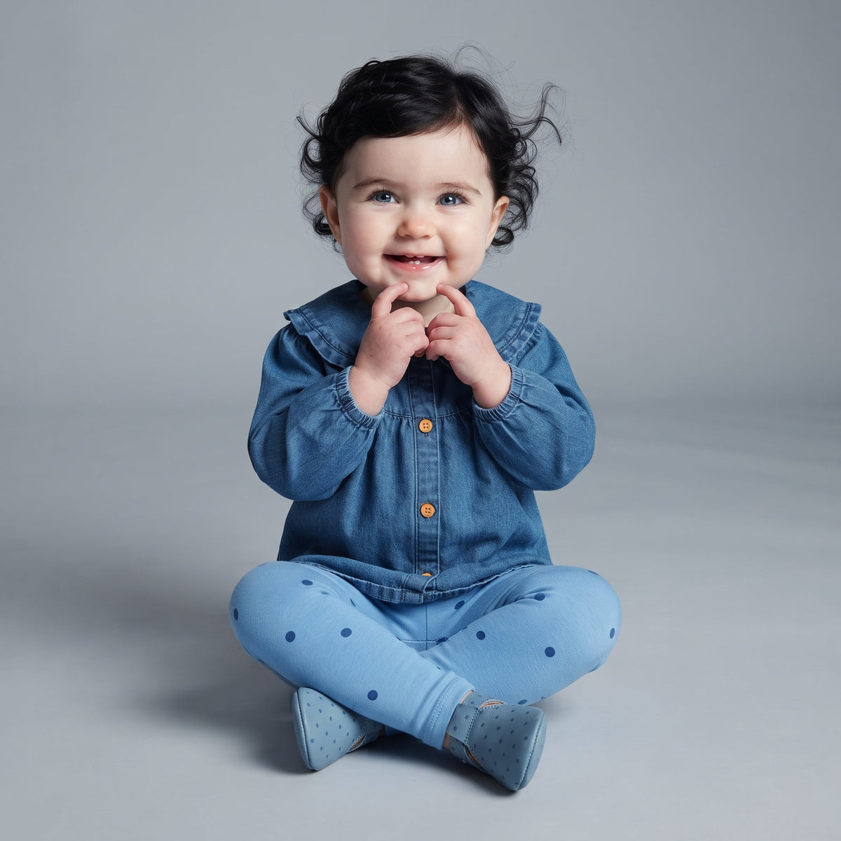 Bebé sonriente con conjunto EmpiBy de camisa de mezclilla azul con cuello Peter Pan y leggings de lunares