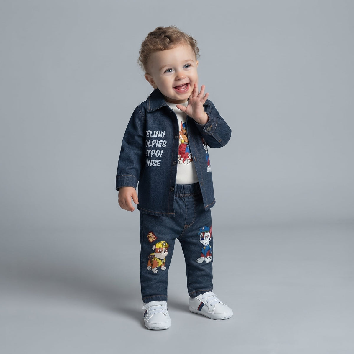 Niño pequeño con conjunto EmpiBy de 3 piezas: chaqueta y pantalón de mezclilla oscuro con parches de Paw Patrol.
