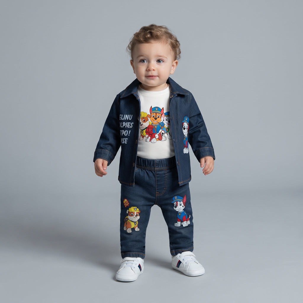 Niño pequeño vistiendo conjunto EmpiBy de 3 piezas con chaqueta y pantalón de mezclilla oscuro y camiseta Paw Patrol