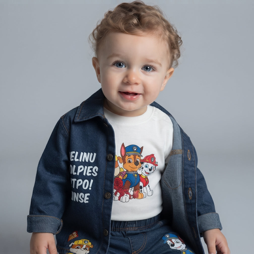 Bebé sonriente vistiendo conjunto EmpiBy de 3 piezas con chaqueta de mezclilla y camiseta de Paw Patrol