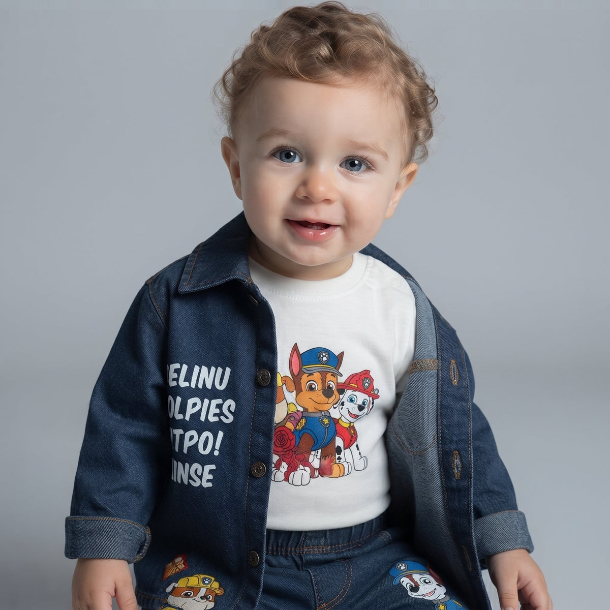 Bebé sonriente vistiendo conjunto EmpiBy de 3 piezas con chaqueta de mezclilla y camiseta de Paw Patrol