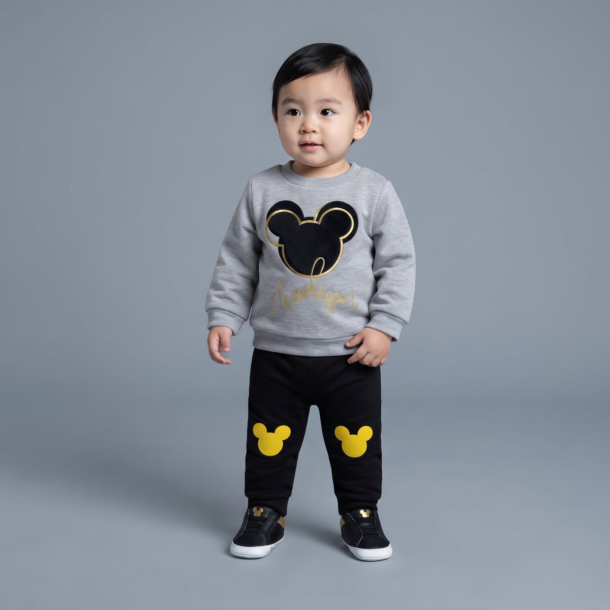 Bebé con conjunto EmpiBy de dos piezas: sudadera gris con Mickey Mouse y pantalón jogger negro con detalles amarillos.