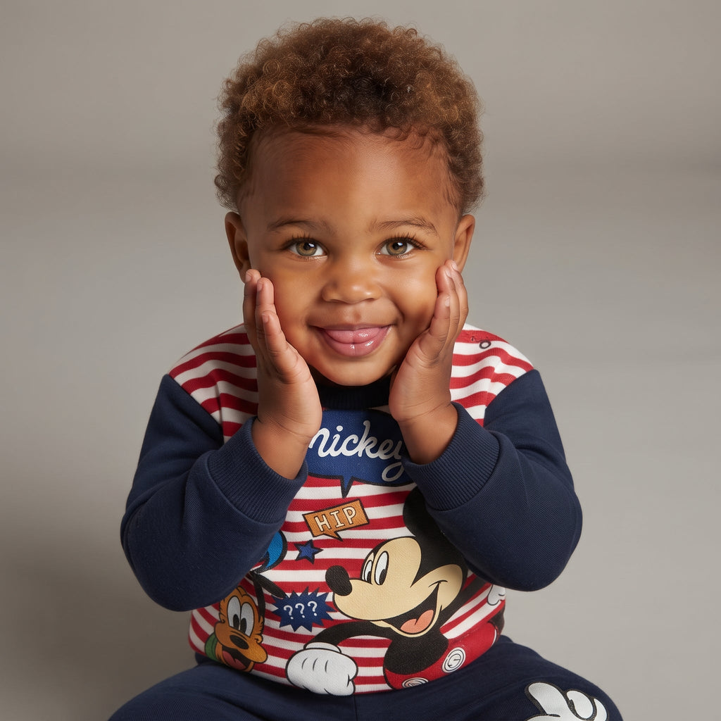 Bebé sonriente con conjunto EmpiBy de sudadera a rayas rojas y blancas con Mickey Mouse y pantalón jogger azul marino