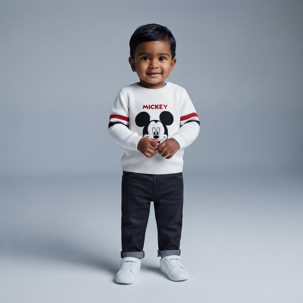 Niño pequeño con conjunto EmpiBy de suéter blanco tejido de Mickey Mouse y pantalón de mezclilla oscuro