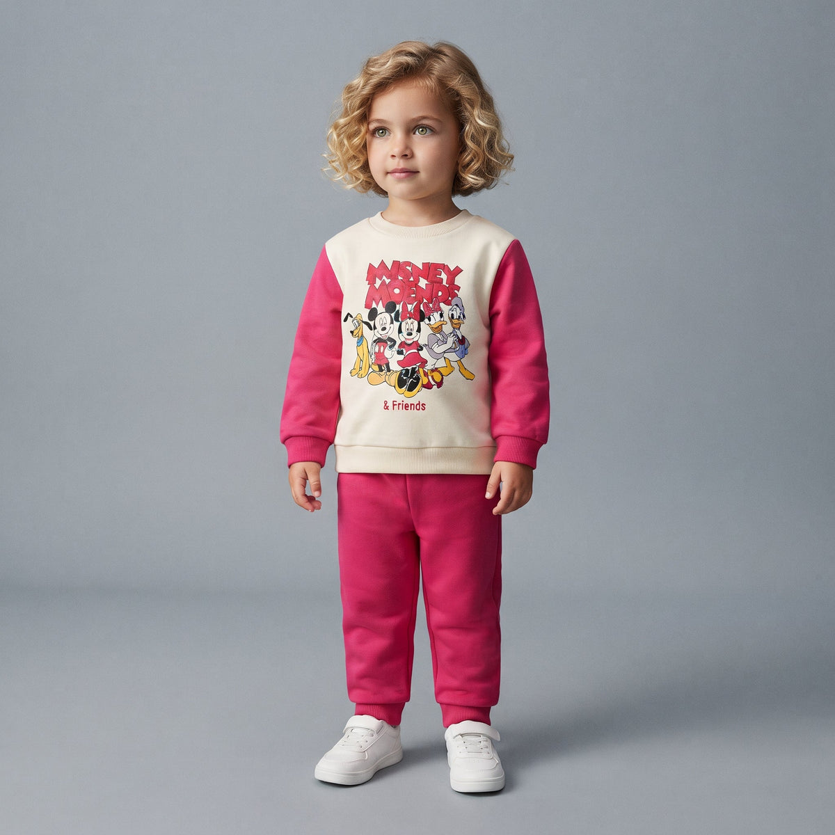 Niña pequeña vistiendo conjunto EmpiBy de sudadera crema y pantalón jogger fucsia con estampado de Mickey & Friends