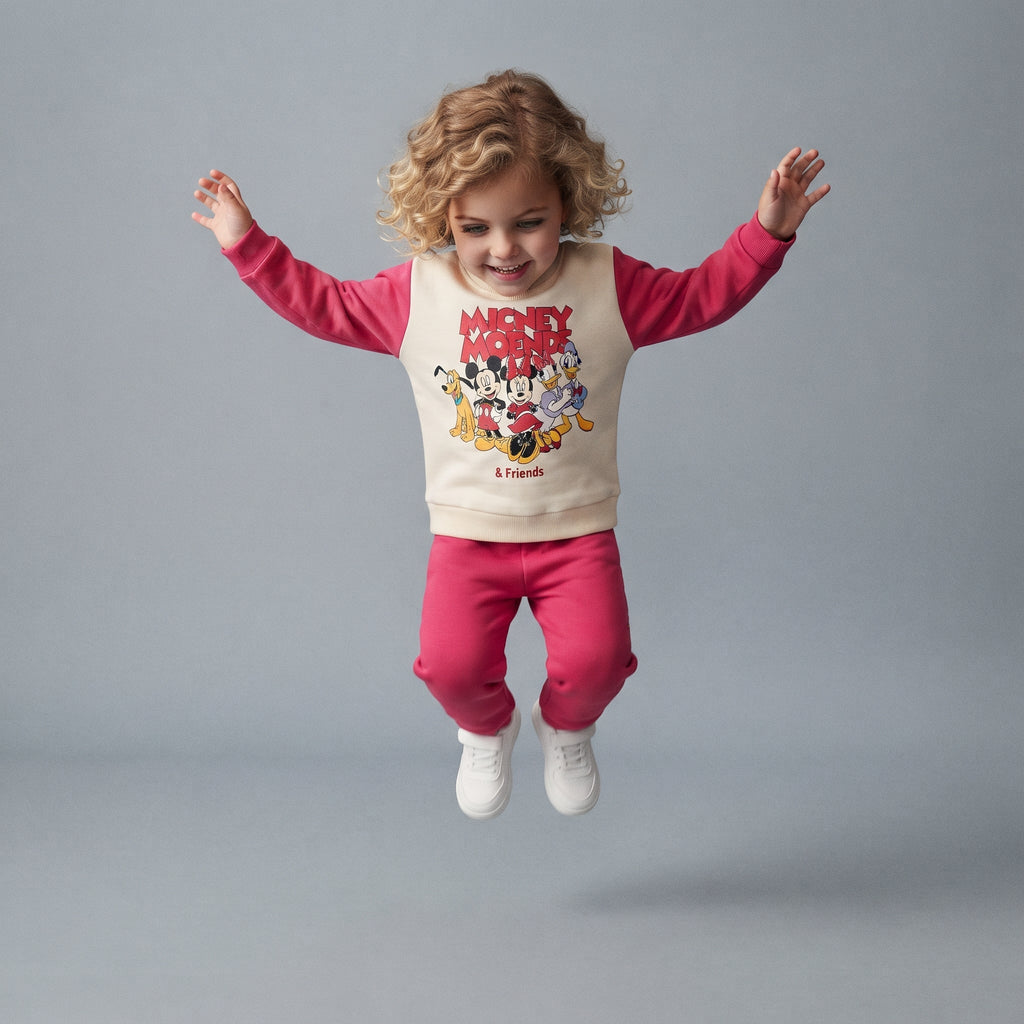 Niña saltando con conjunto EmpiBy de dos piezas, sudadera crema y pantalón fucsia con estampado de Mickey & Friends
