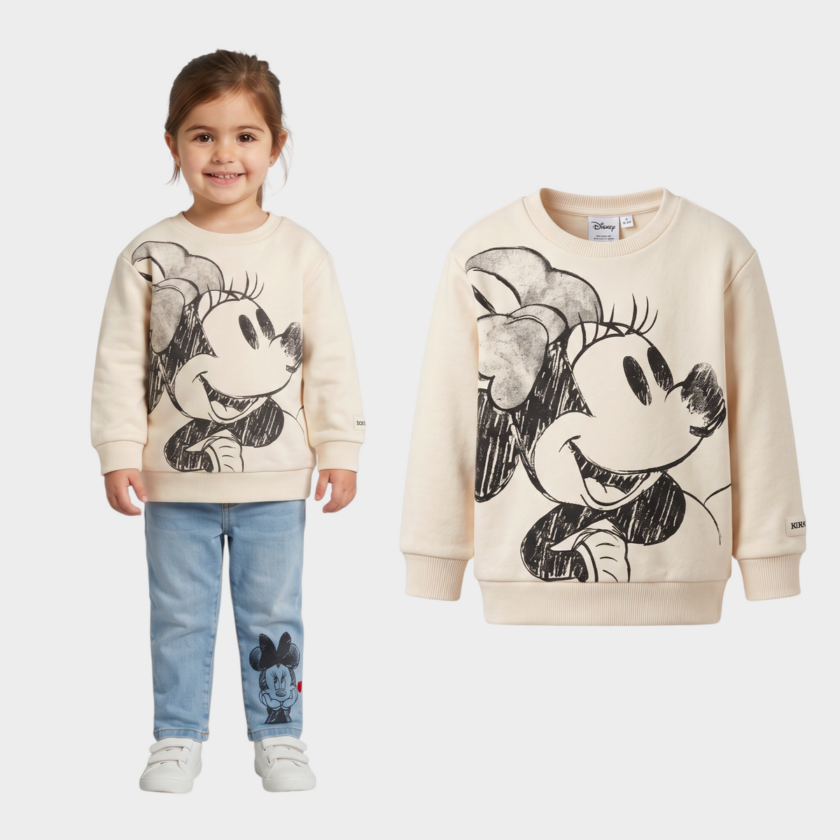 Niña sonriente vistiendo sudadera beige de Minnie Mouse y jeans EmpiBy junto a la sudadera sola sobre fondo blanco