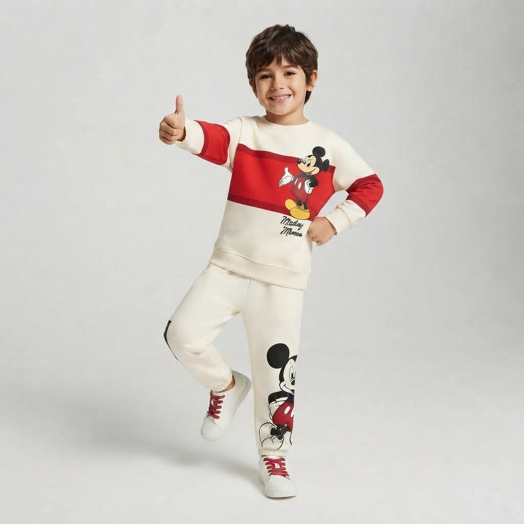 Niño sonriente vistiendo conjunto EmpiBy de sudadera y pantalón marfil y rojo con estampado de Mickey Mouse