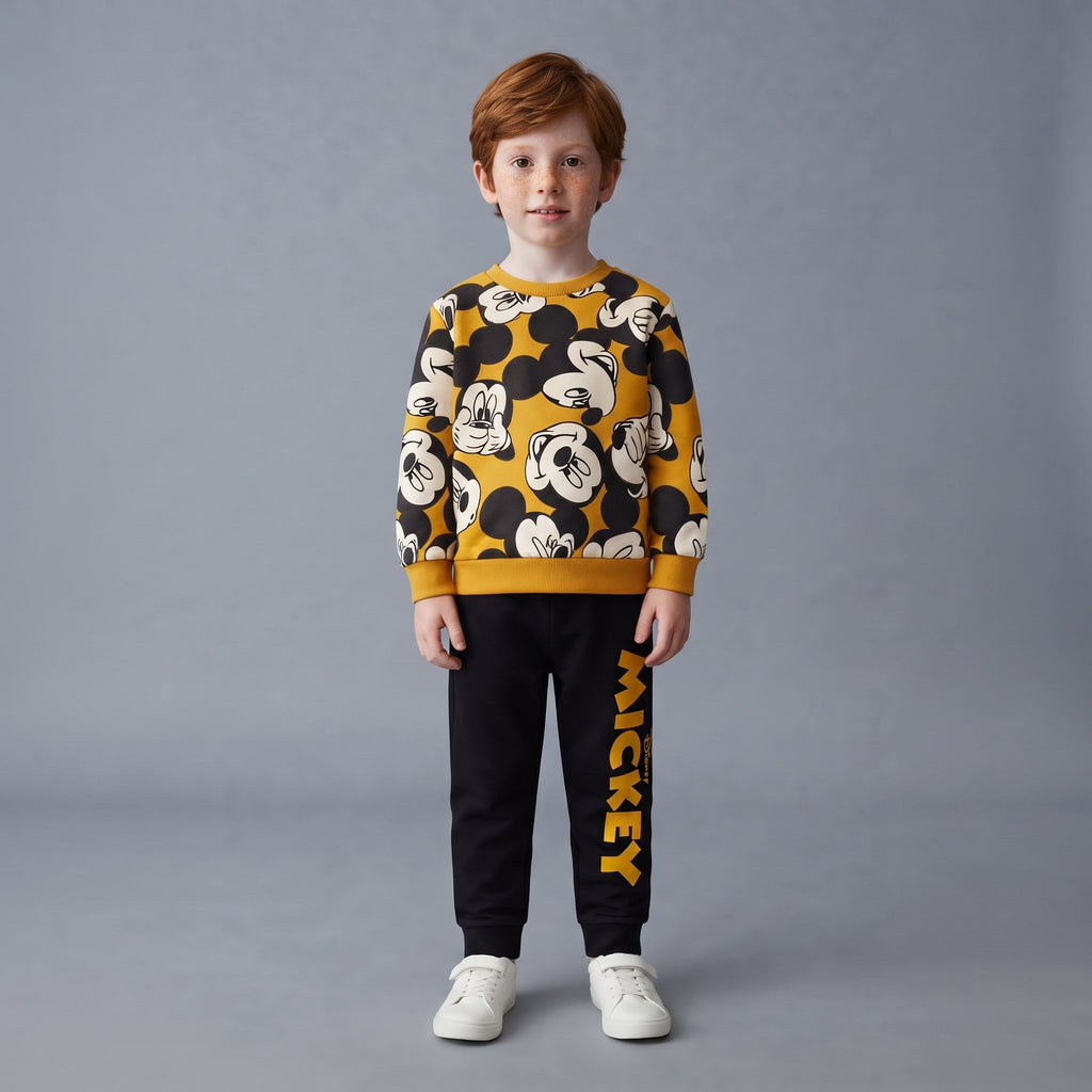 Niño vistiendo conjunto EmpiBy de dos piezas con sudadera estampada de Mickey Mouse y pantalón jogger negro