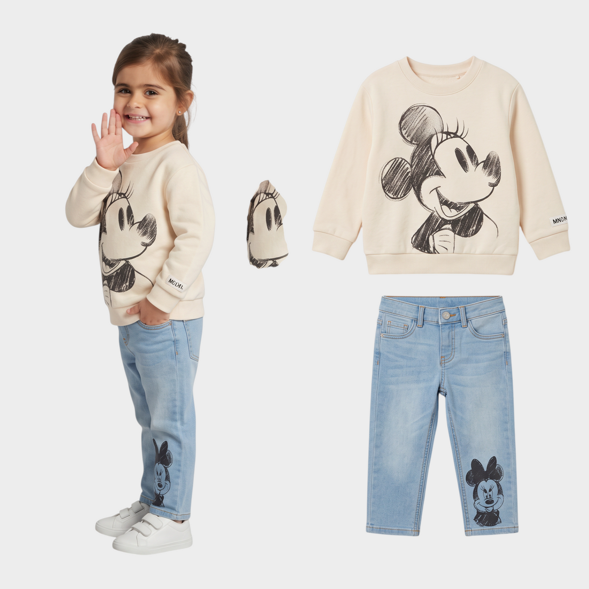 Conjunto EmpiBy de sudadera beige con estampado de Mickey Mouse y jeans azules con detalle de Minnie Mouse