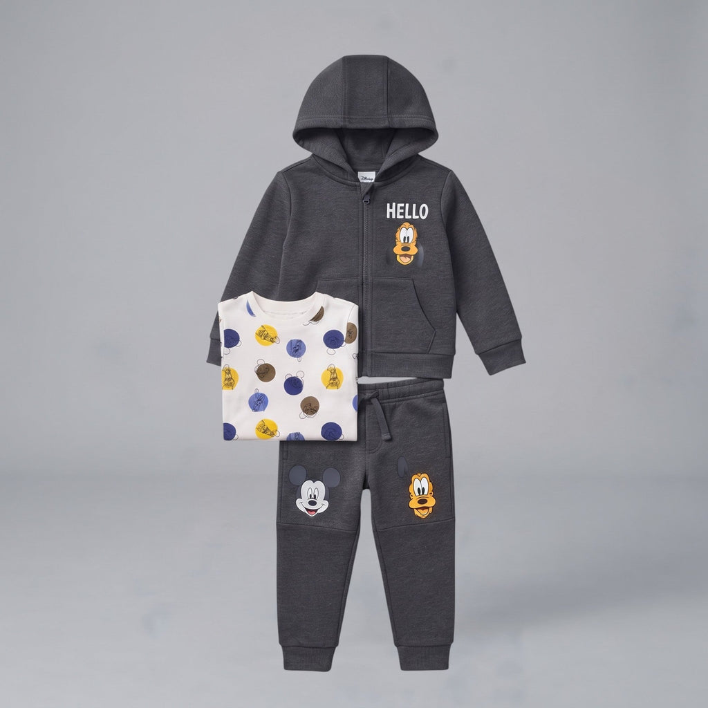Conjunto EmpiBy de 3 piezas Disney con sudadera gris, camiseta estampada y pantalón jogger de Mickey y Pluto