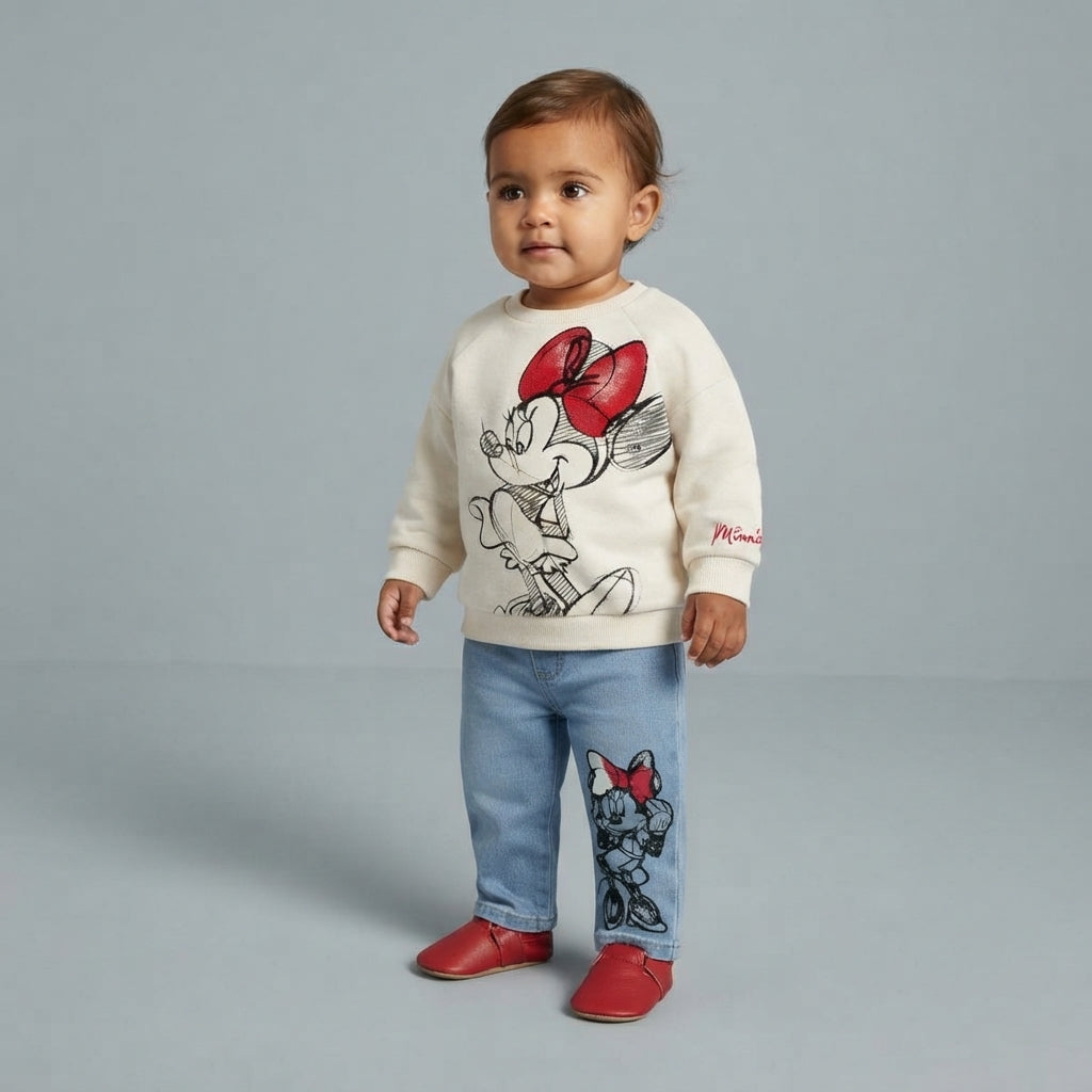 Bebé niña con conjunto EmpiBy de suéter crema de Minnie Mouse y pantalón de mezclilla azul claro con estampado