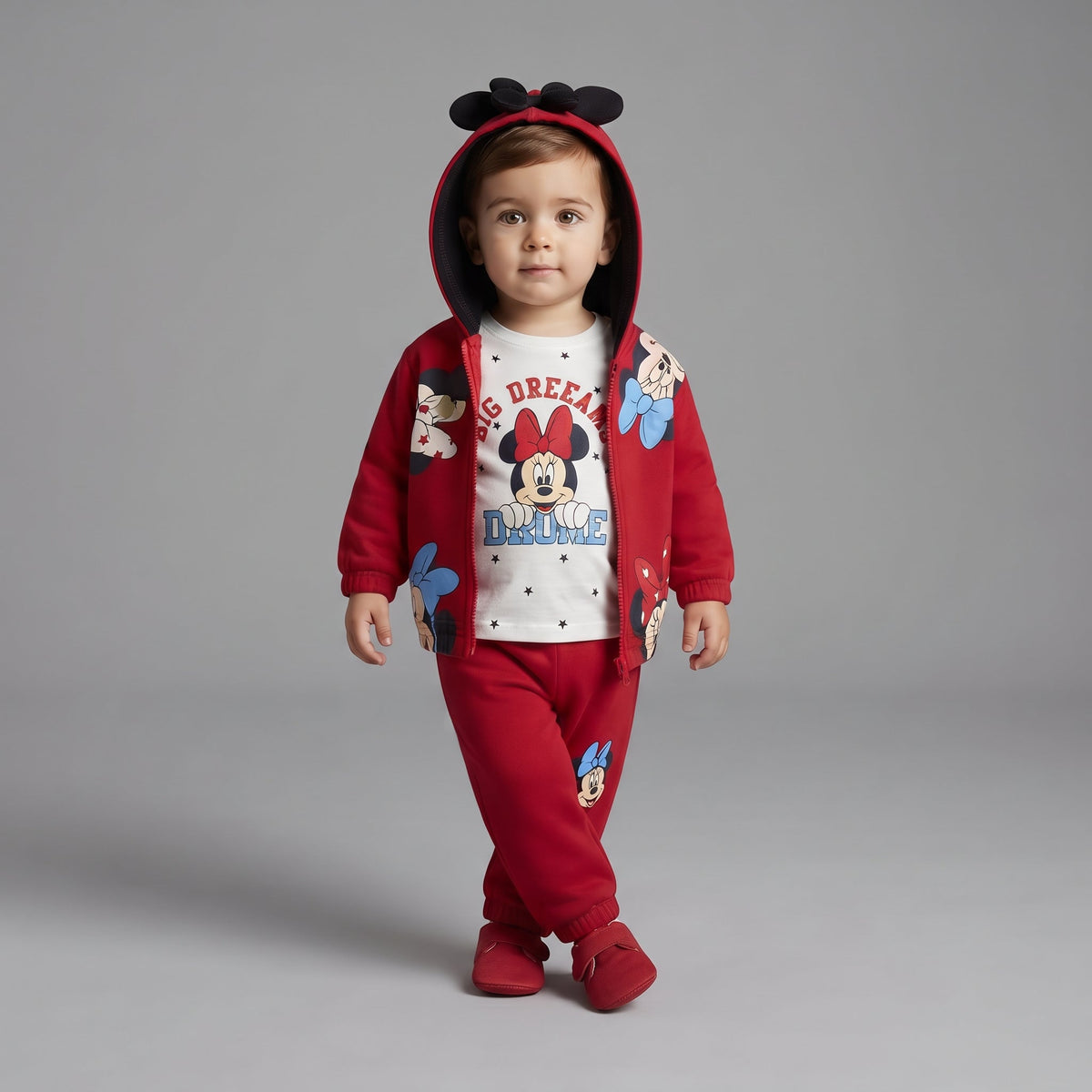 Bebé con conjunto EmpiBy de 3 piezas de Minnie Mouse: chaqueta roja con capucha y orejas, camiseta blanca y jogger