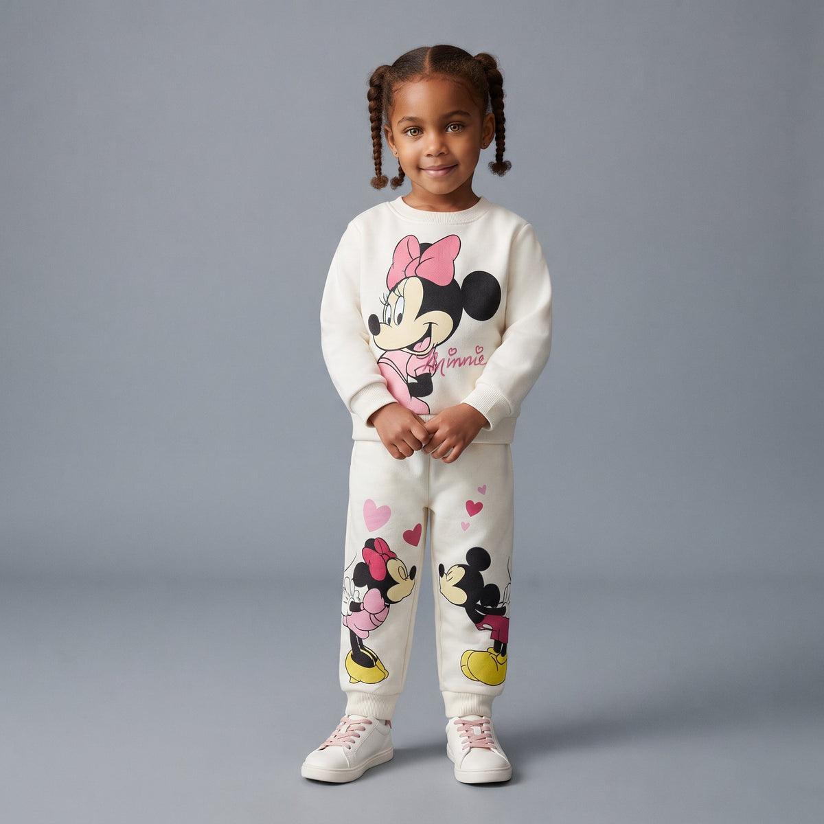 Niña vistiendo conjunto EmpiBy de dos piezas color marfil con estampado de Minnie Mouse y corazones