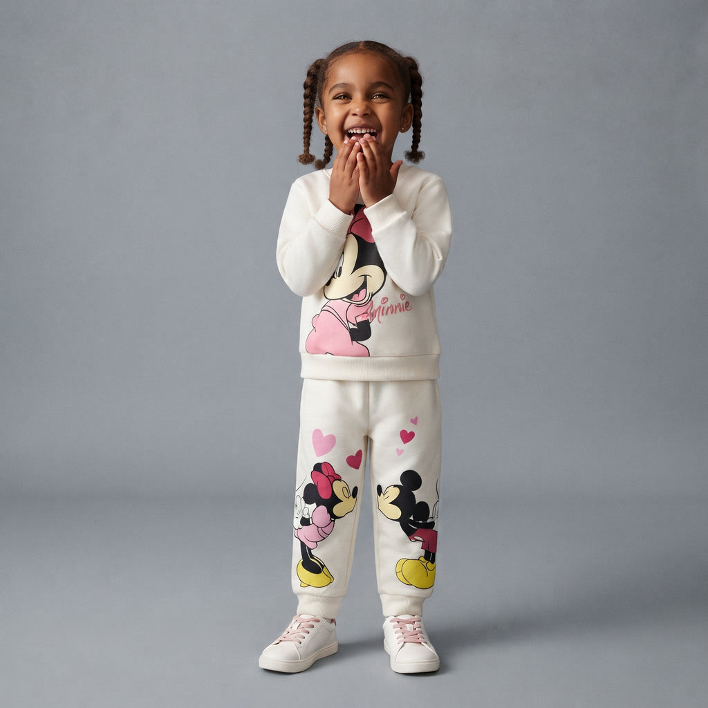 Niña sonriente vistiendo conjunto EmpiBy de dos piezas color marfil con estampado de Minnie Mouse y corazones