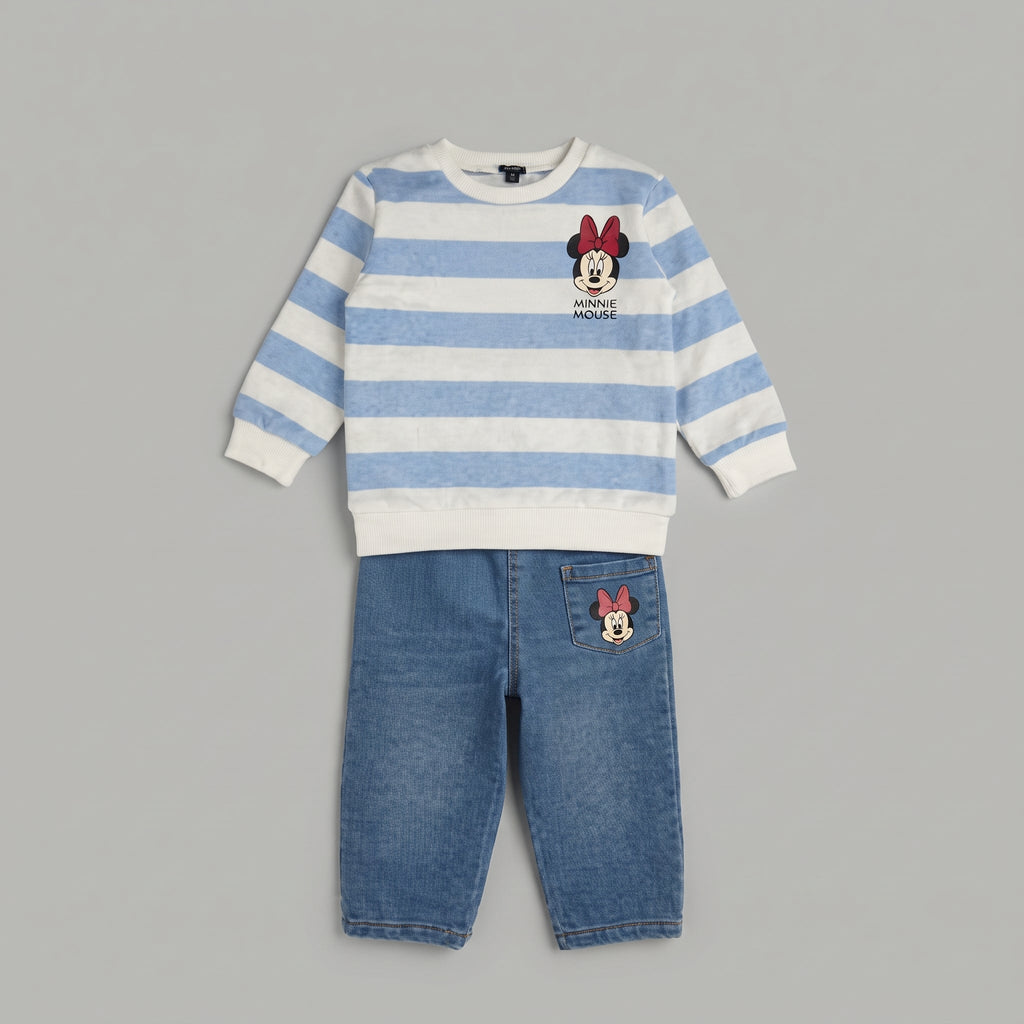 Conjunto EmpiBy para bebé niña con busito a rayas azul y blanco y pantalón de mezclilla con bordado de Minnie Mouse