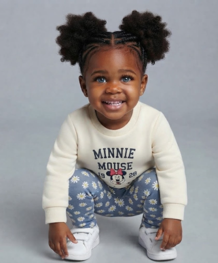 Niña pequeña con conjunto EmpiBy de sudadera beige Minnie Mouse y pantalón azul con estampado de margaritas