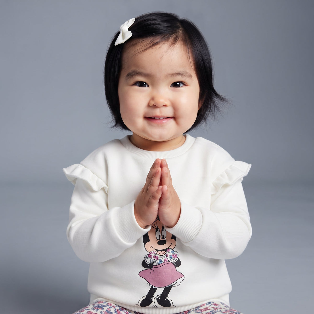 Bebé niña sonriente con conjunto EmpiBy de sudadera blanca con volantes y estampado de Minnie Mouse y legging floral