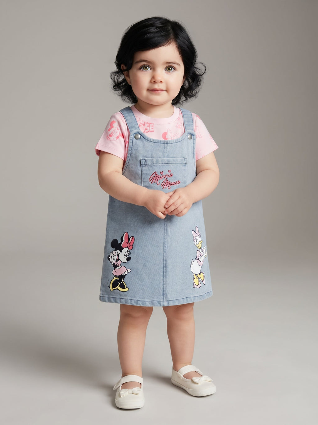 Bebé niña vistiendo conjunto EmpiBy de jardinera de mezclilla con Minnie Mouse y camiseta rosa de manga corta.