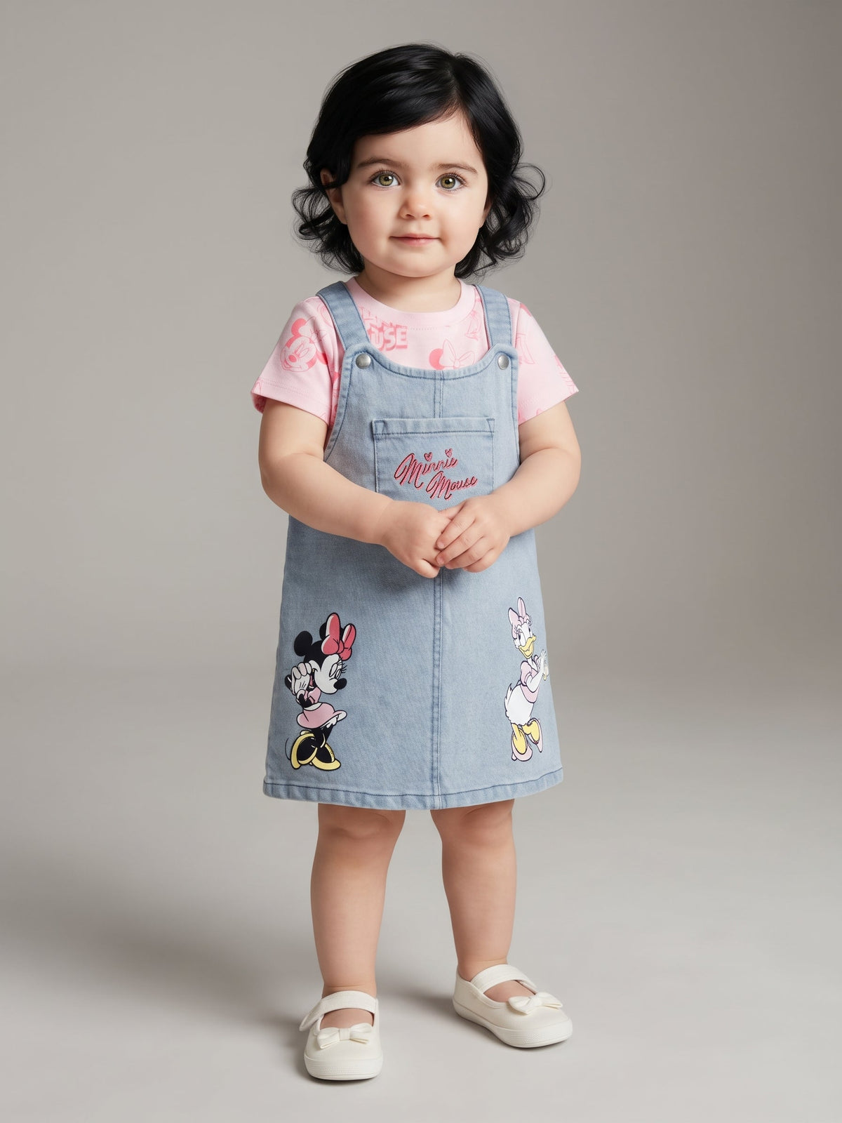 Bebé niña vistiendo conjunto EmpiBy de jardinera de mezclilla con Minnie Mouse y camiseta rosa de manga corta.